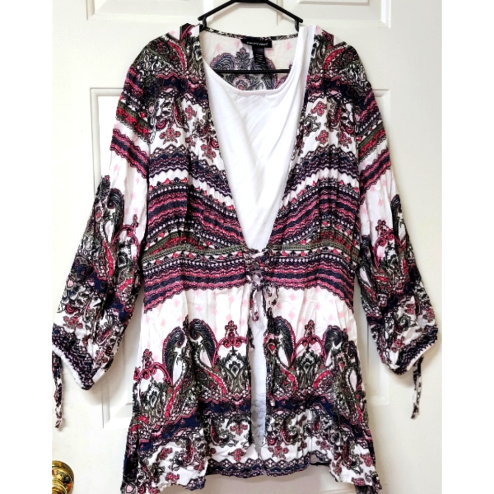 Ashley Stewart Boho Criss Cross Tie Front Top Blouse 18/20 Burgundy Black Green